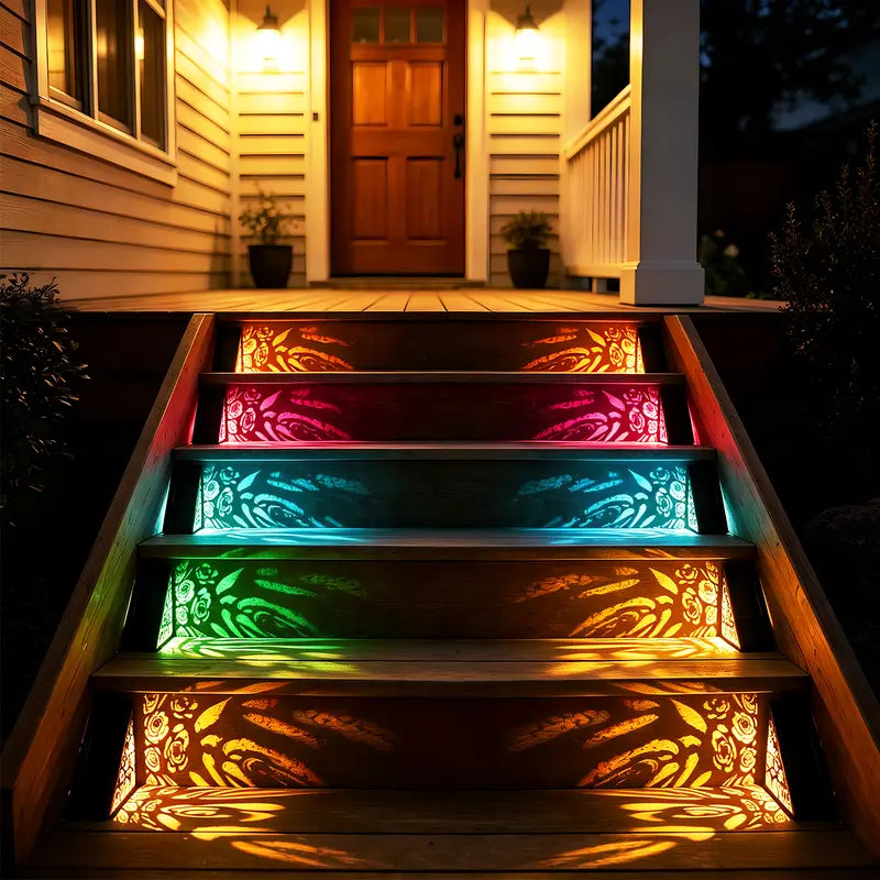 Solar outdoor step lights, IP65 waterproof LED deck/stair lights, color-changing gradient lighting, automatic dusk-to-dawn warm white light, solar-powered.