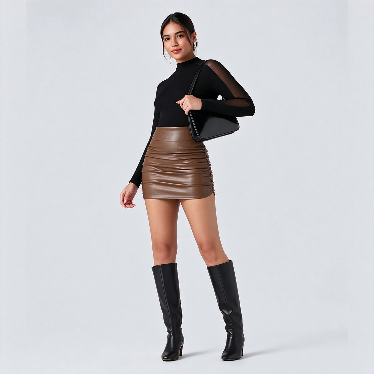High Waisted Tummy Control Ruched Curved Hem 2-in-1 Fleece PU Mini Bodycon Skirt 🖤