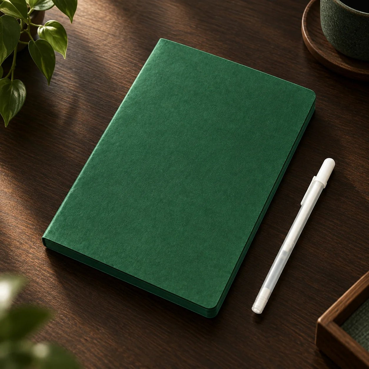 📖Deep Green Blank Notebook with White Gel Pen | Aesthetic Writing & Sketch Journal