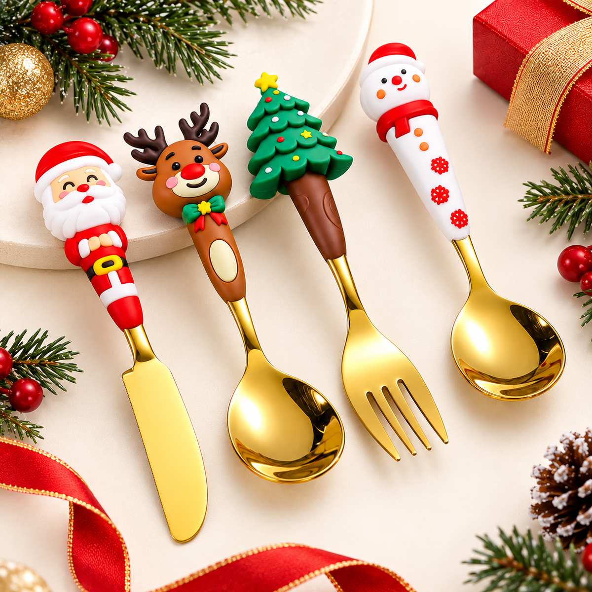 🎅 Christmas Character Cutlery Gift Set – 4-Piece Stainless Steel Flatware