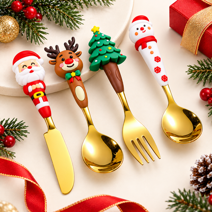 🎅 Christmas Character Cutlery Gift Set – 4-Piece Stainless Steel Flatware