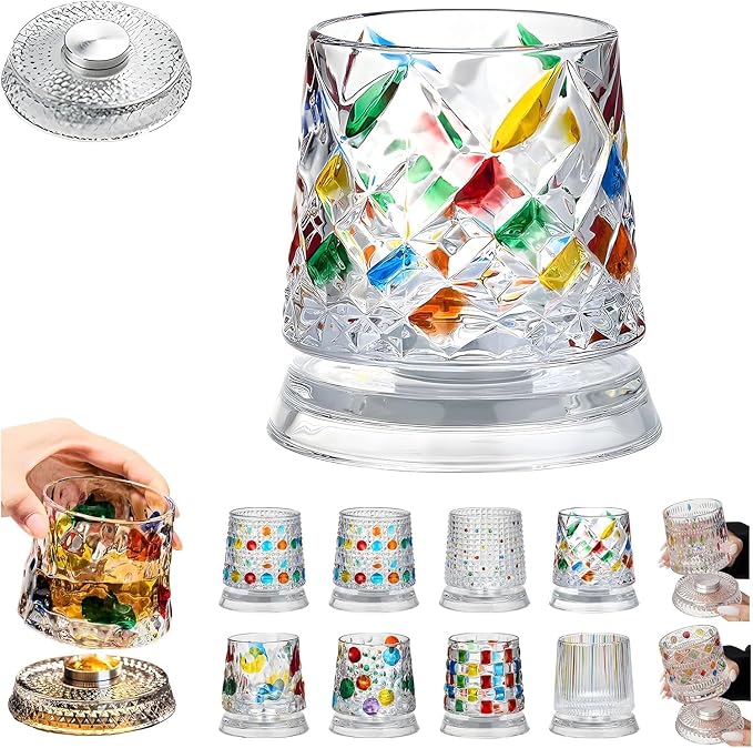Spinning Whiskey Glasses, Vintage Colored Crystal Whiskey Glass, Hand-Painted Old Fashioned Tumbler for Bourbon, Scotch, Cocktails, Decorative Drinking Glass for Home Bar
