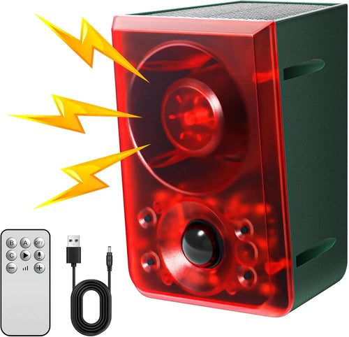 Solar Outdoor Motion Sensor Alarm - Dog Barking & Gunshot Sound, Support Recording and Volume Adjustment, 130dB Noise with Flashing Light to Deter Raccoon, Deer, Skunk, Bear, Coyote