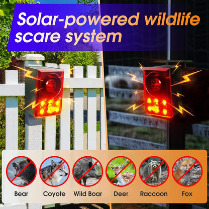 Solar Outdoor Motion Sensor Alarm - Dog Barking & Gunshot Sound, Support Recording and Volume Adjustment, 130dB Noise with Flashing Light to Deter Raccoon, Deer, Skunk, Bear, Coyote
