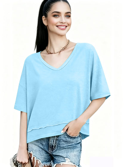 Women's V-neck Mid-length Sleeve Spliced Hem Basic Top