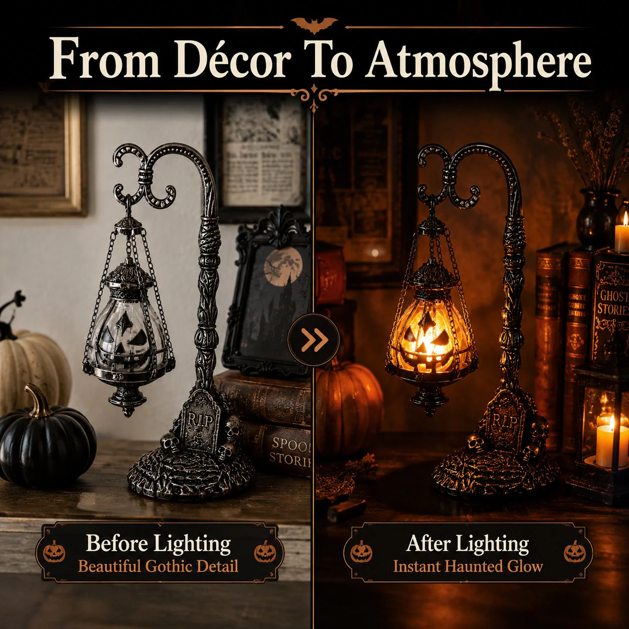 🔥Halloween Early Bird Sale🎃 Gothic Pumpkin Lantern Stand | Warm Orange LED Glow, Victorian Skull Details & Haunted Shelf Decor 🕯️