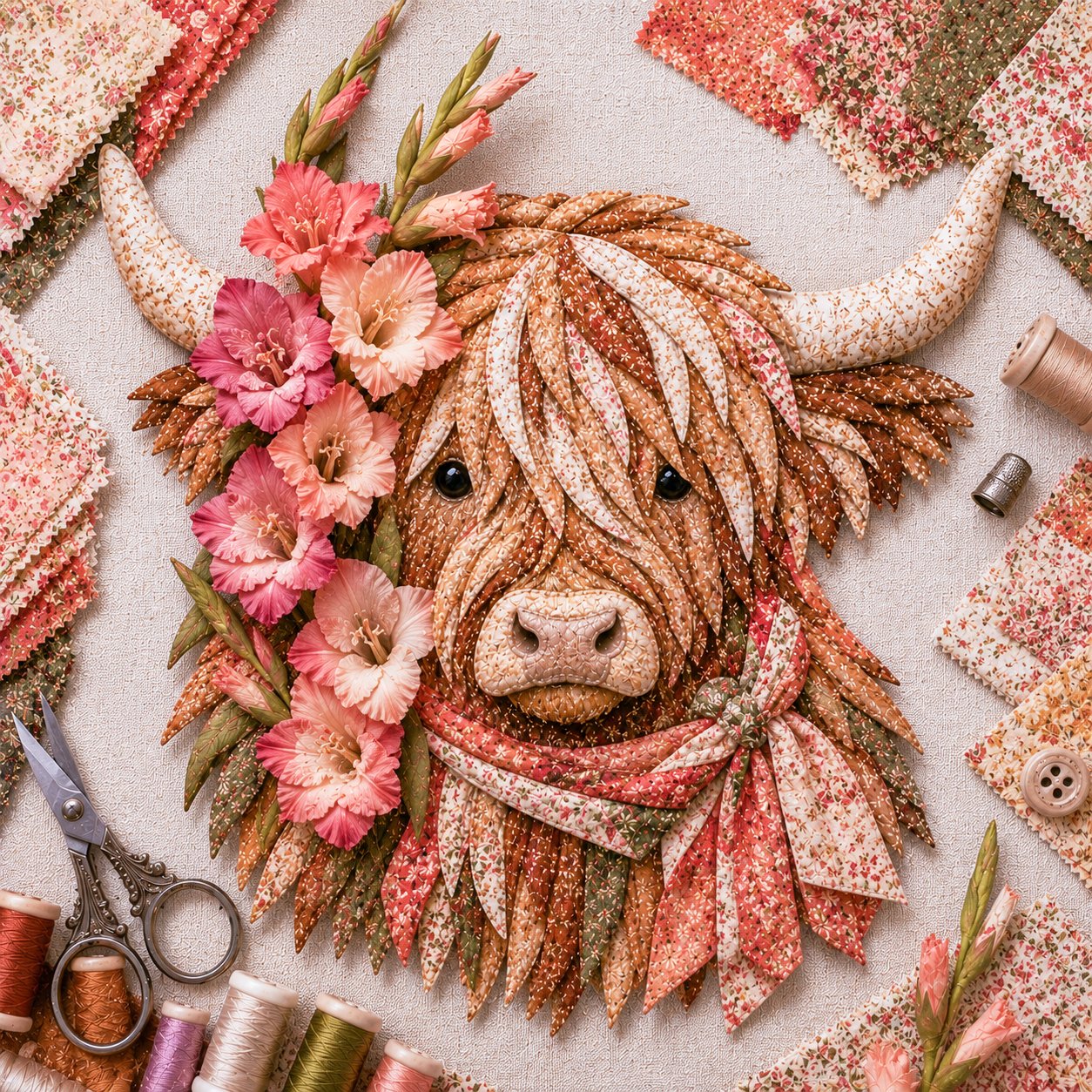 🐮Birth Flower Highland Cow 3D Layered Fabric Art DIY Kit (Beginner-friendly