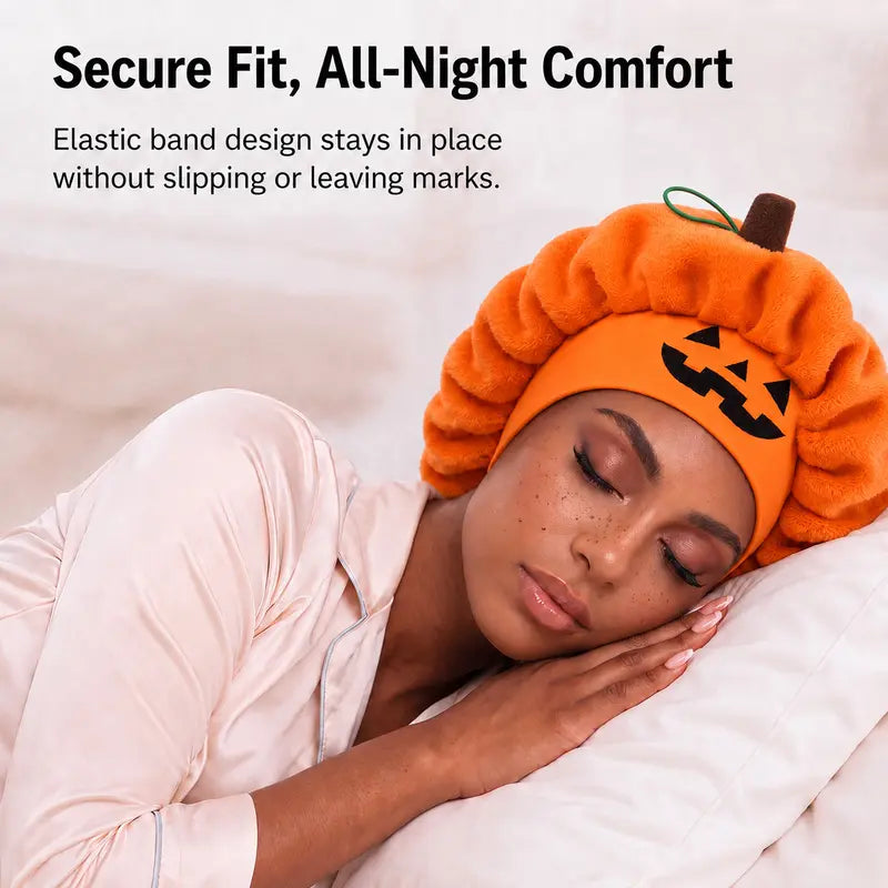 🎃 Pumpkin Sleep Bonnet – Fluffy Jack-O’-Lantern Hair Cap for Cozy Nights, Skincare & Halloween Fun
