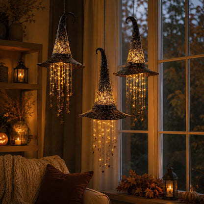 Lighted Witch Hat Set with Cascading Stars
