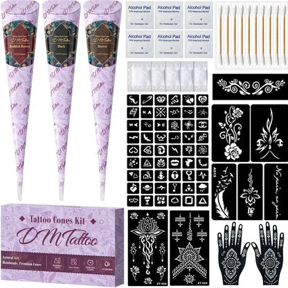 🌸 Henna Tattoo Kit with Stencils – Temporary Body Art Cones for Hands & Creative Designs ✨