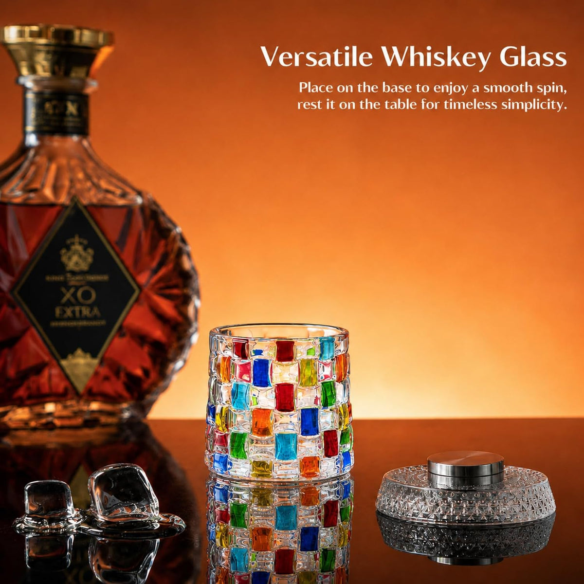 Spinning Whiskey Glasses, Vintage Colored Crystal Whiskey Glass, Hand-Painted Old Fashioned Tumbler for Bourbon, Scotch, Cocktails, Decorative Drinking Glass for Home Bar