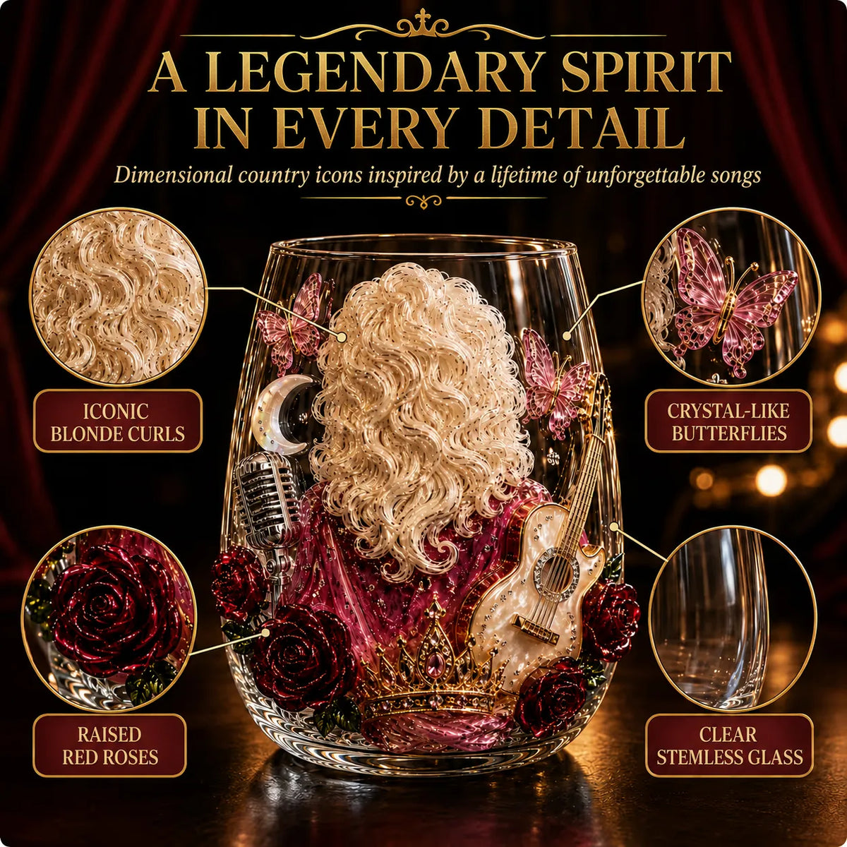 🤠 🎸 Vintage Country 3D Glass Collection – 8 Raised Western Music & Floral Designs