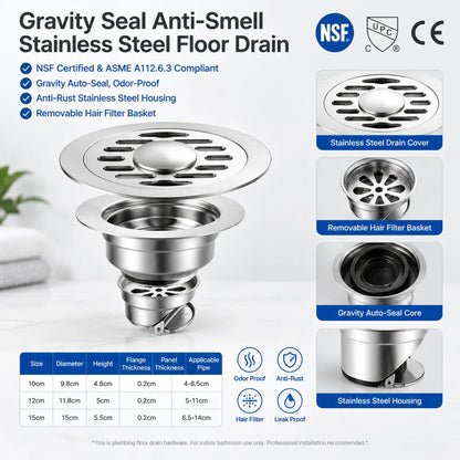 Stainless Steel Floor Drain 🚿 – 3.94' Gravity Seal with Hair Filter & Odor Control