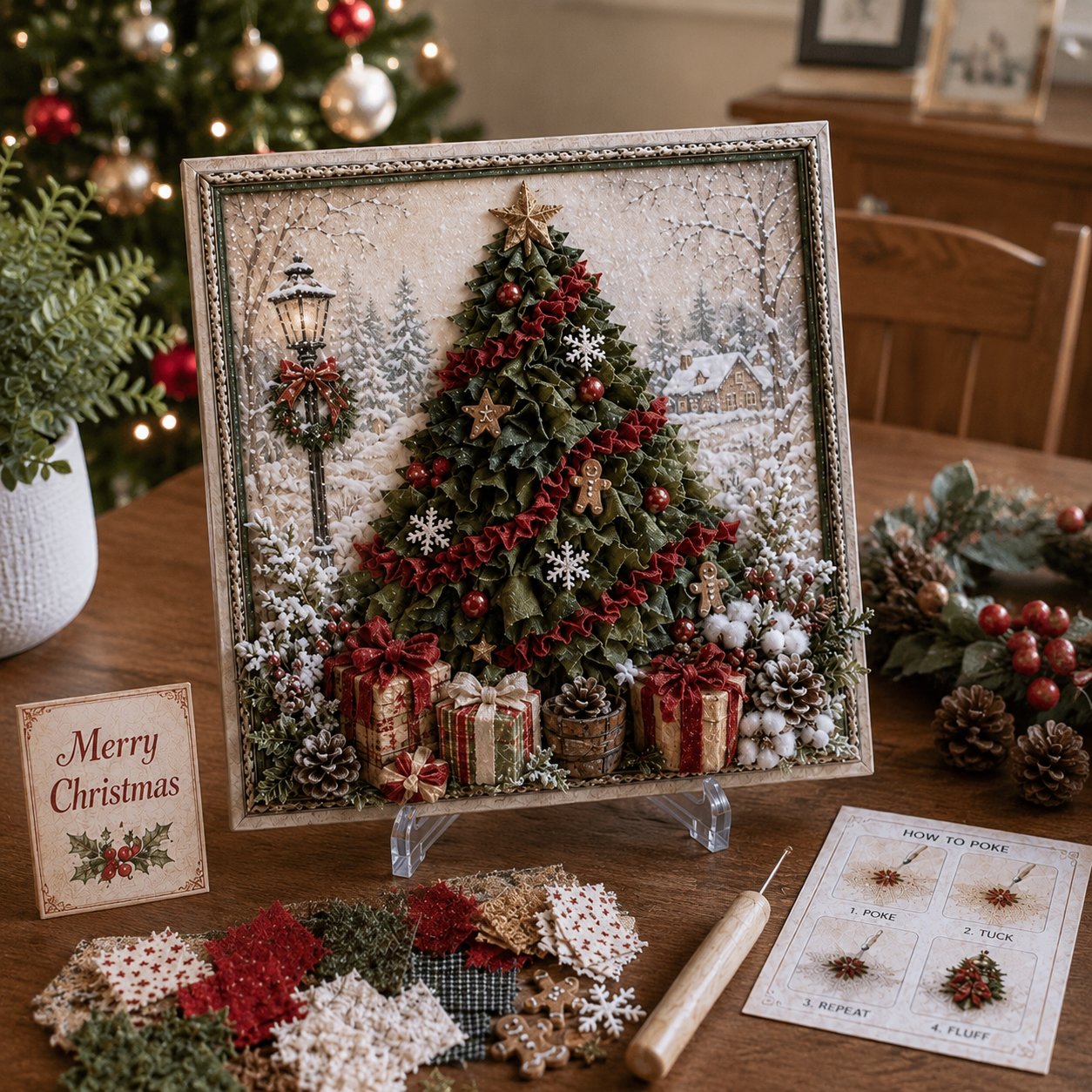 🔥 LAST DAY 50% OFF – 🎄 DIY 3D Fabric Poke Art Christmas Keepsake Kit – No-Sewing Holiday Craft with Display Stand ✨