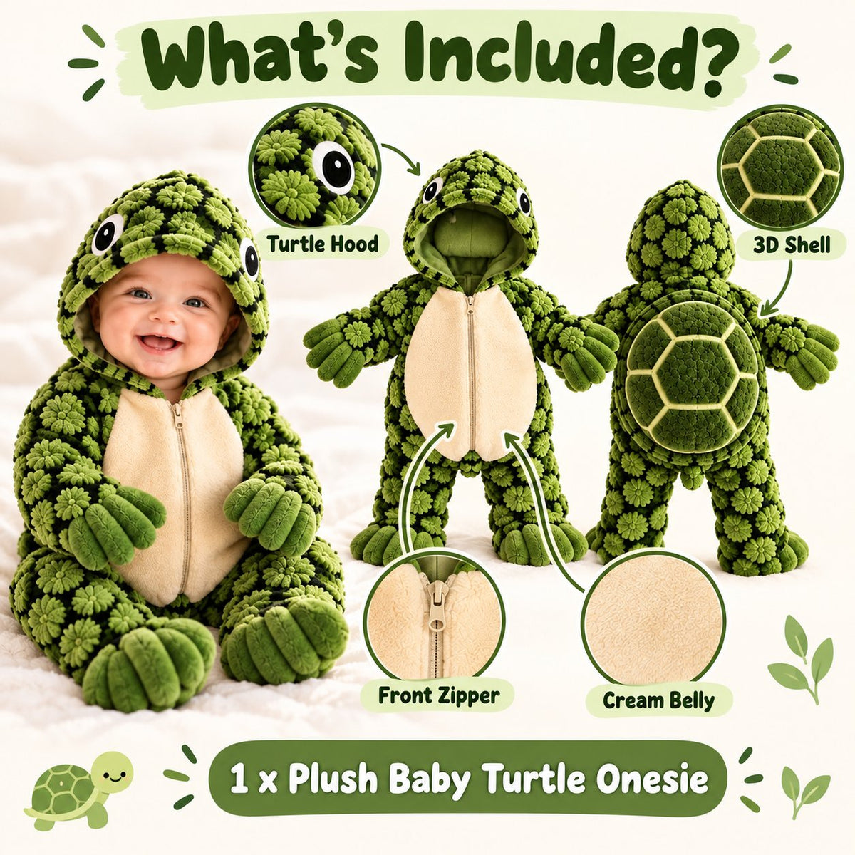 Little Turtle Plush 3D Shell Baby Onesie – Cute Hooded Cozy Romper