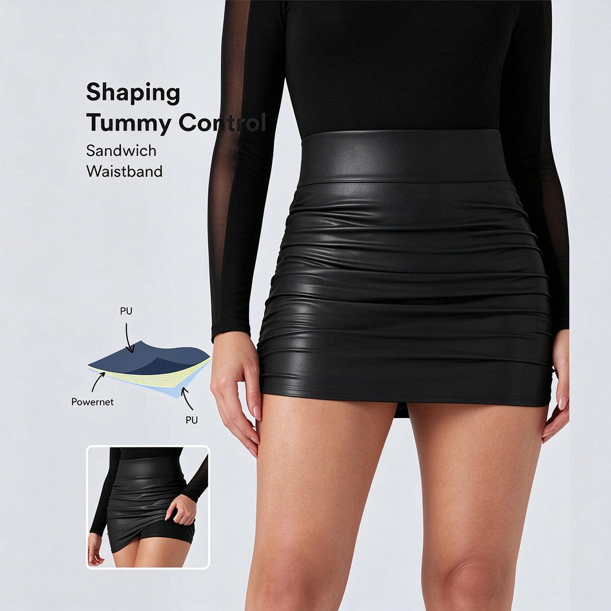High Waisted Tummy Control Ruched Curved Hem 2-in-1 Fleece PU Mini Bodycon Skirt 🖤