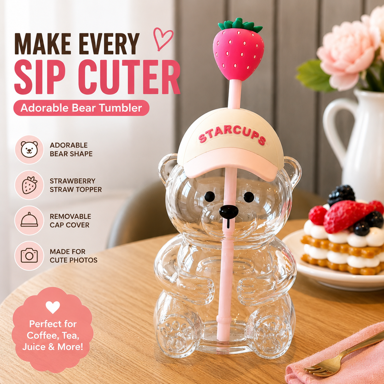 ✨ 20oz Aesthetic Bear Glass Tumbler with Strawberry Straw 🍓