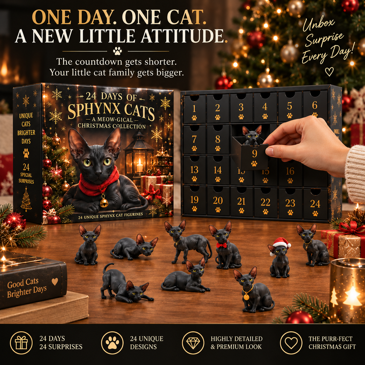 🐈‍⬛24 Days of Black Sphynx Cats Advent Calendar – 24 Unique Realistic Hairless Cat Figurines