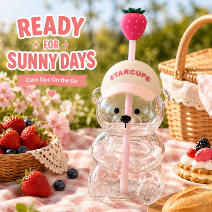 ✨ 20oz Aesthetic Bear Glass Tumbler with Strawberry Straw 🍓
