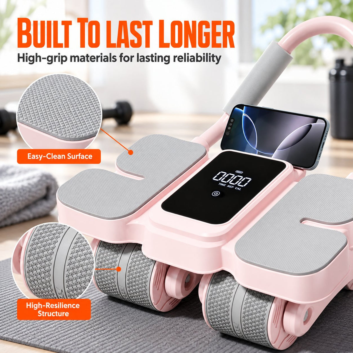 💪 Smart 4-Wheel Automatic Rebound Ab Roller – Digital Display, Elbow Support & Phone Holder