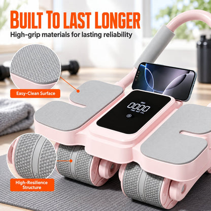 💪 Smart 4-Wheel Automatic Rebound Ab Roller – Digital Display, Elbow Support & Phone Holder