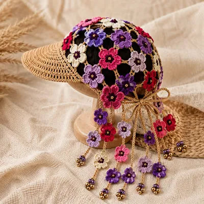 Handcrafted Floral Crochet Baseball Cap | Hollow-Out Knit Boho Hat with Hanging Tassels