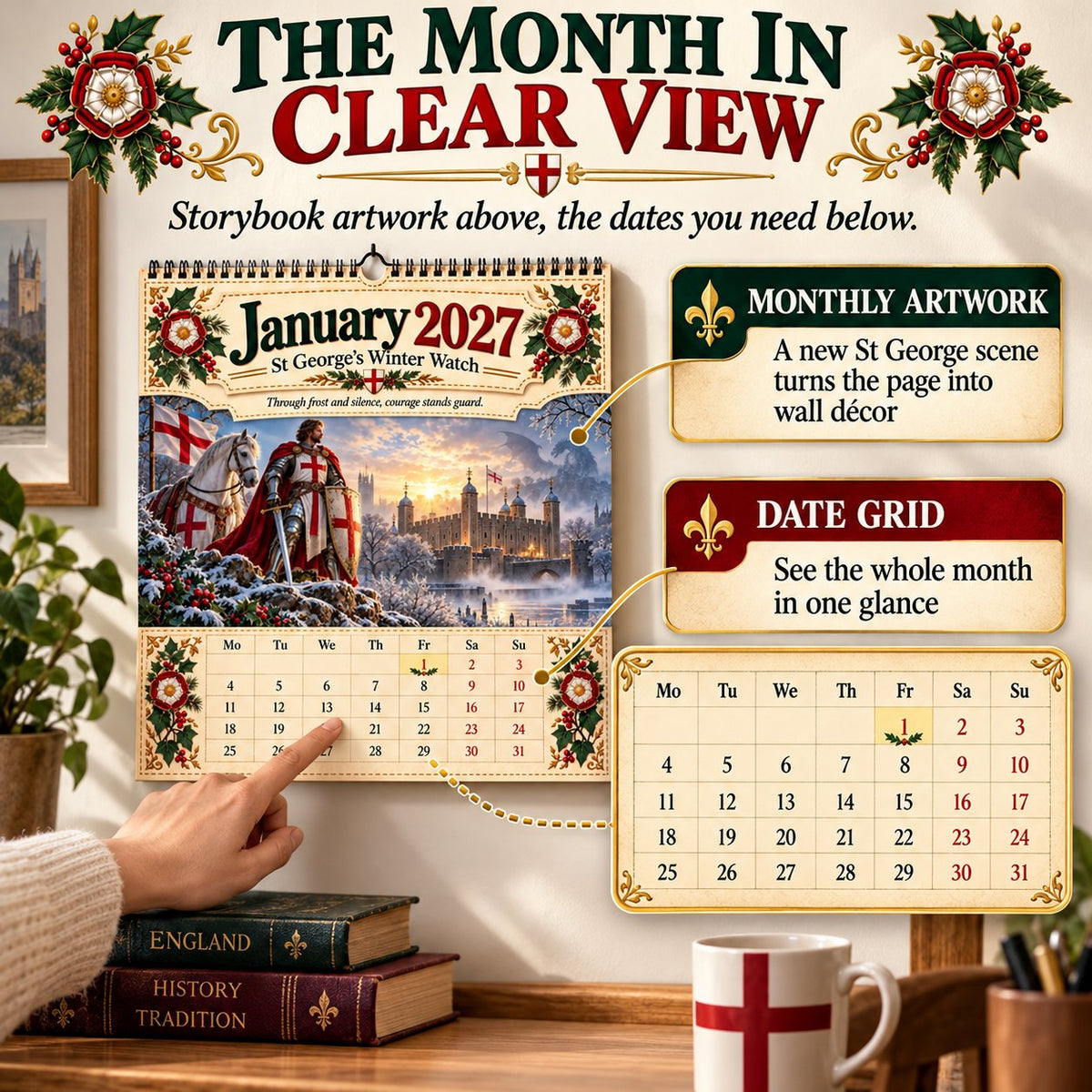 ⏳ Last Day 49% OFF – 🛡️ 2027 England St. George Wall Calendar | 12 Illustrated Monthly Scenes with Faith, Courage & Heritage 🇬🇧