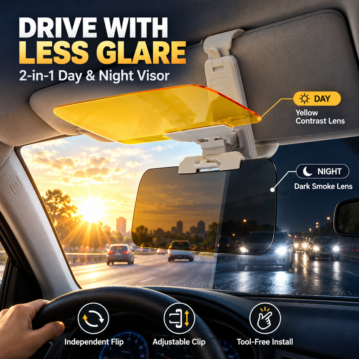 ☀️ 2-in-1 Day & Night Anti-Glare Car Visor Extender – Adjustable Dual-Lens Driving Shield