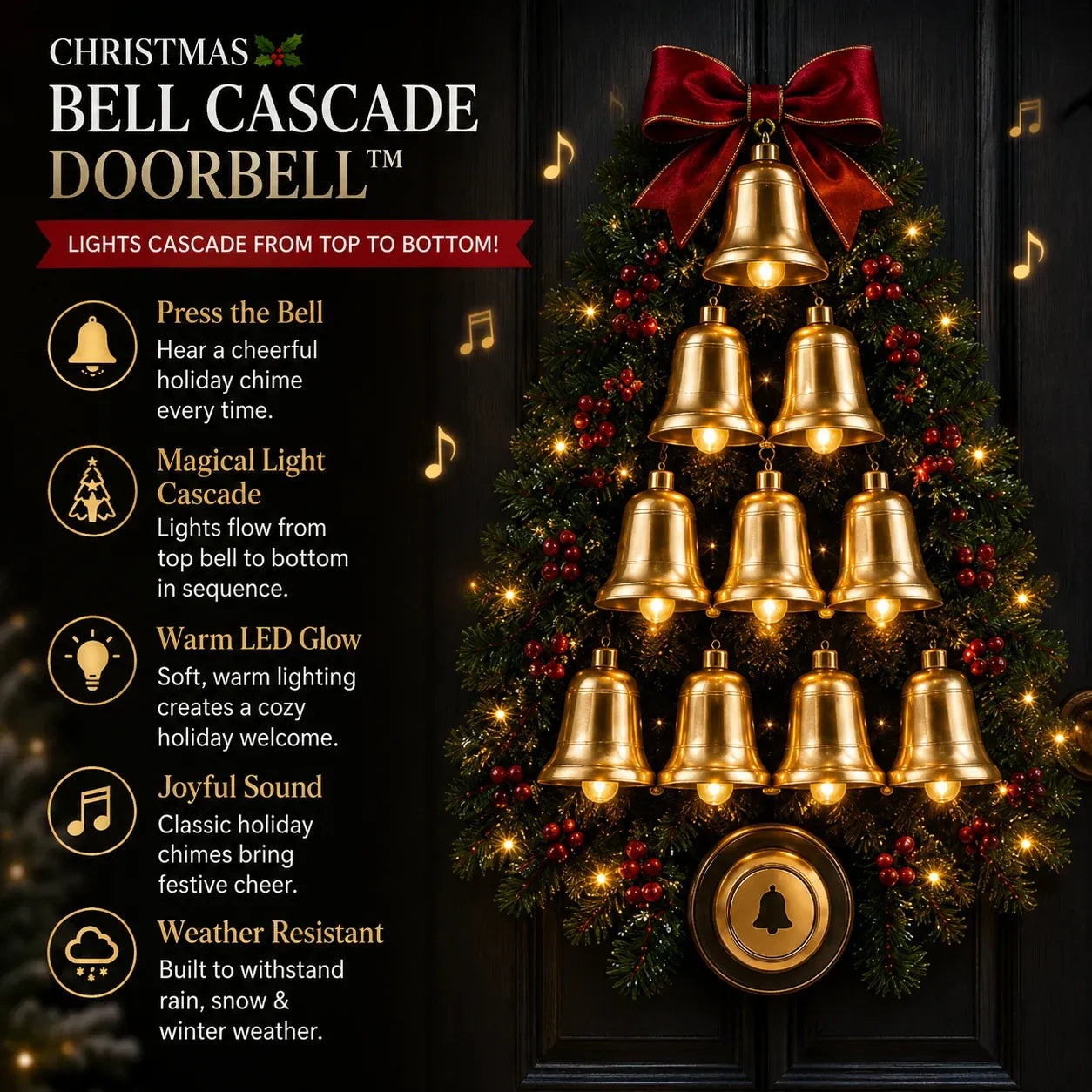 🔔 Christmas Bell Cascade Doorbell– Light-Up Holiday Chime Door Decor 🎄