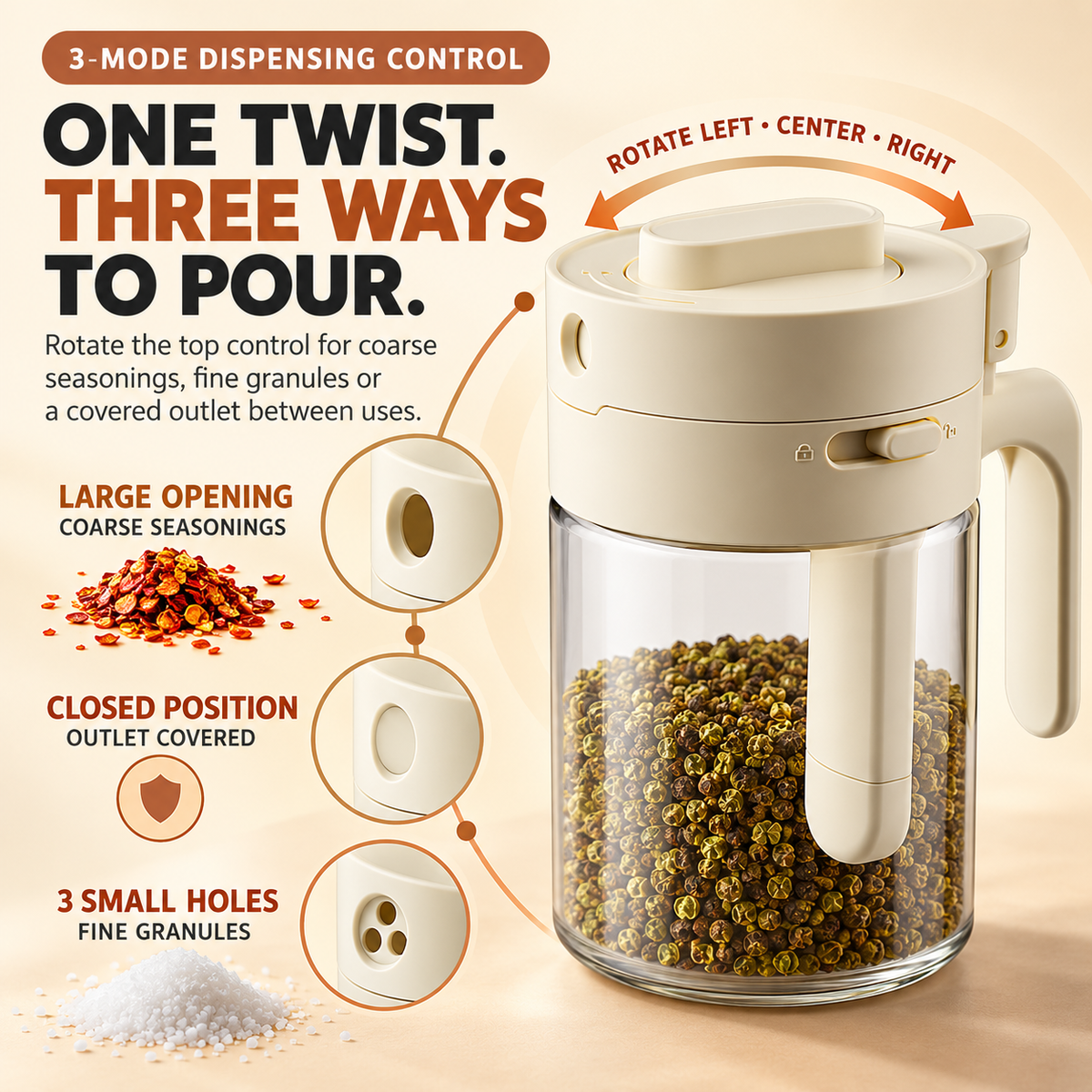 🥄 Scoop or Pour 2-in-1 Seasoning Jar – 300ml Glass Container with Built-In Spoon & 3-Mode Dispenser