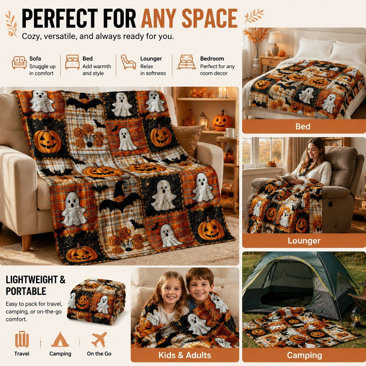🎃🔥Halloween Pumpkin & Bat Flannel Throw Blanket, Soft Lightweight Cozy Blanket for Sofa & Bed