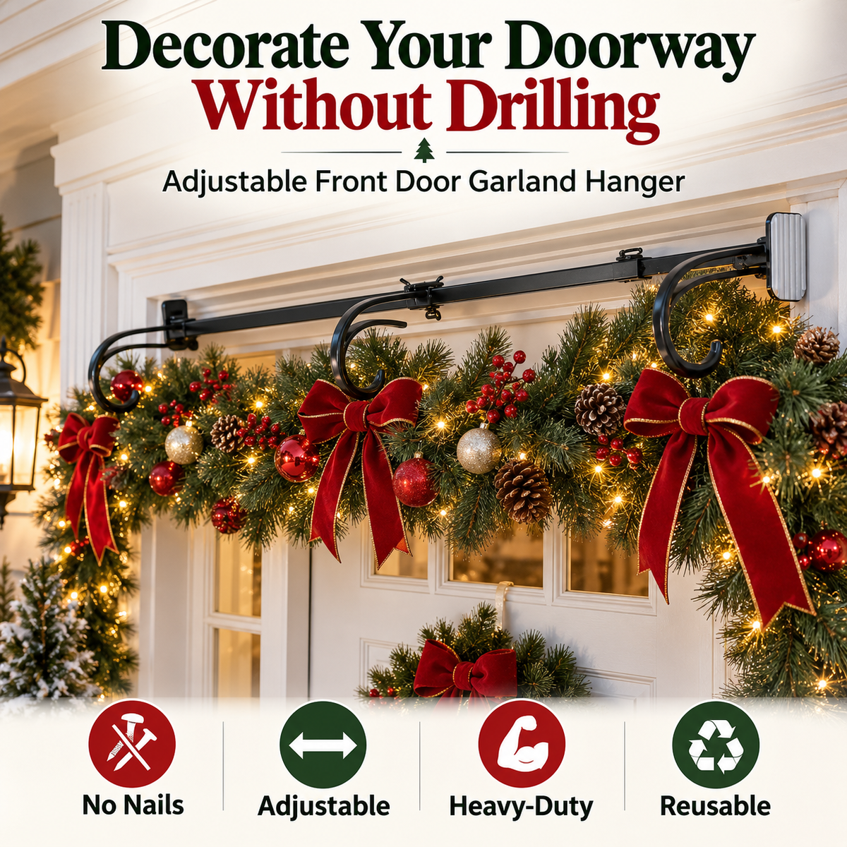 🎄Front Door Garland Hanger – Adjustable, Heavy-Duty Cast Iron Decor Holder