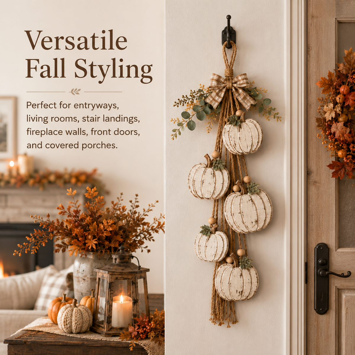 🎃 Rustic White Pumpkin Hanging Swag – 5-Pumpkin Fall Door & Wall Decoration for Farmhouse Autumn Decor