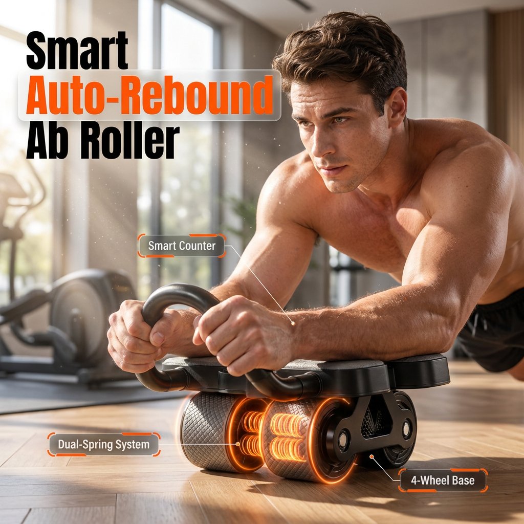 💪 Smart 4-Wheel Automatic Rebound Ab Roller – Digital Display, Elbow Support & Phone Holder