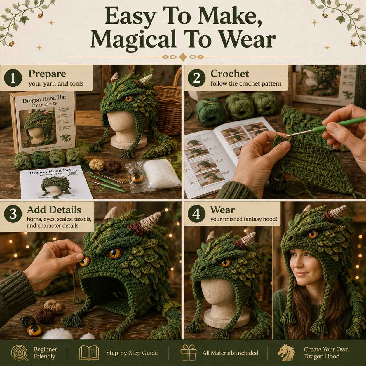 🐉✨ Fantasy Hood Hat DIY Crochet Kit | Premium Soft Yarn Materials with Step-by-Step Guide DIY Handmade Wearable Character Hood 🧶🎭✨