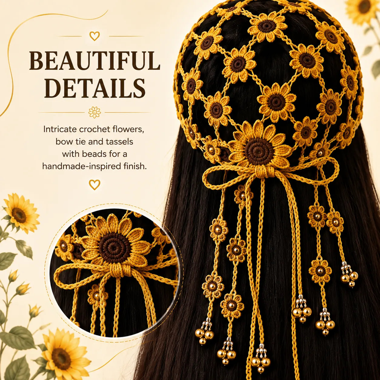Handcrafted Floral Crochet Baseball Cap | Hollow-Out Knit Boho Hat with Hanging Tassels