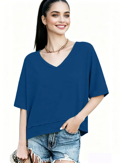 Women's V-neck Mid-length Sleeve Spliced Hem Basic Top