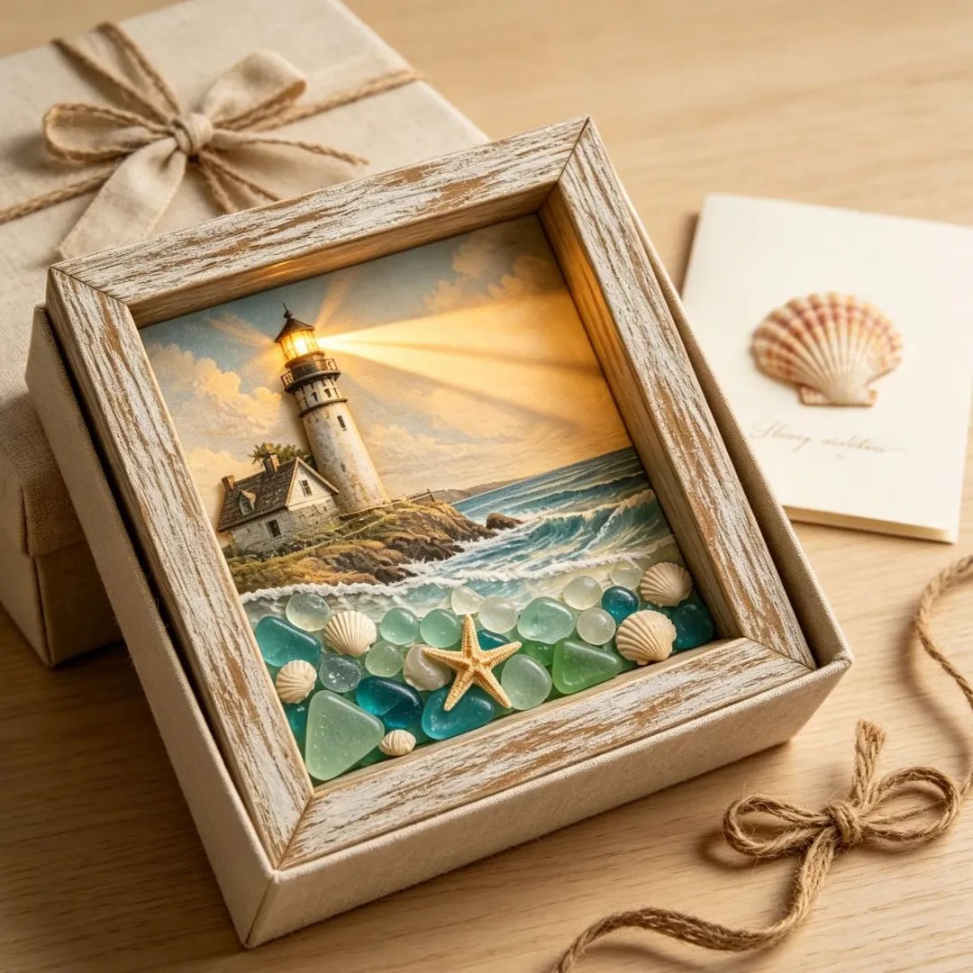 Coastal Lighthouse Sea Glass Shadow Box Night Light