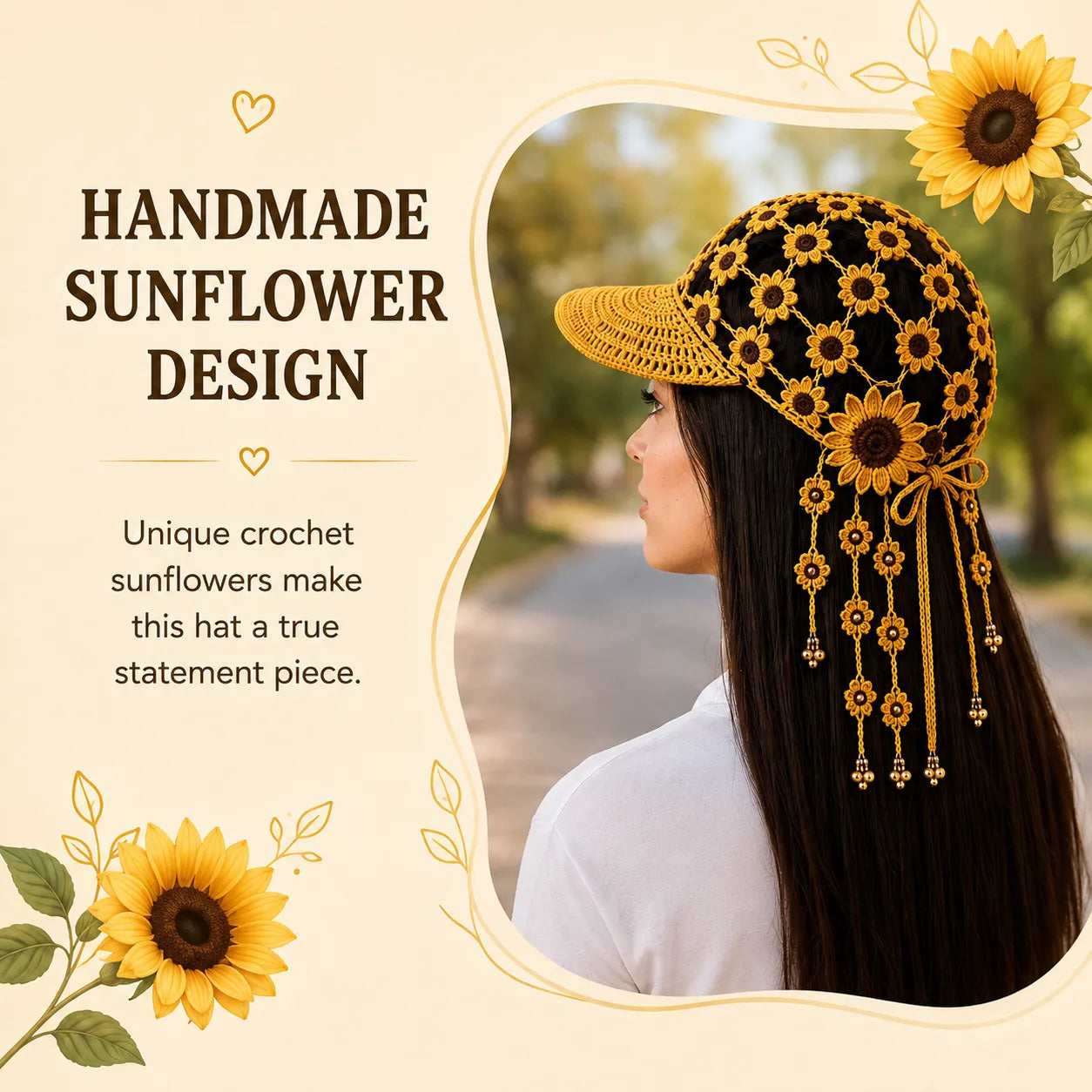 Handcrafted Floral Crochet Baseball Cap | Hollow-Out Knit Boho Hat with Hanging Tassels