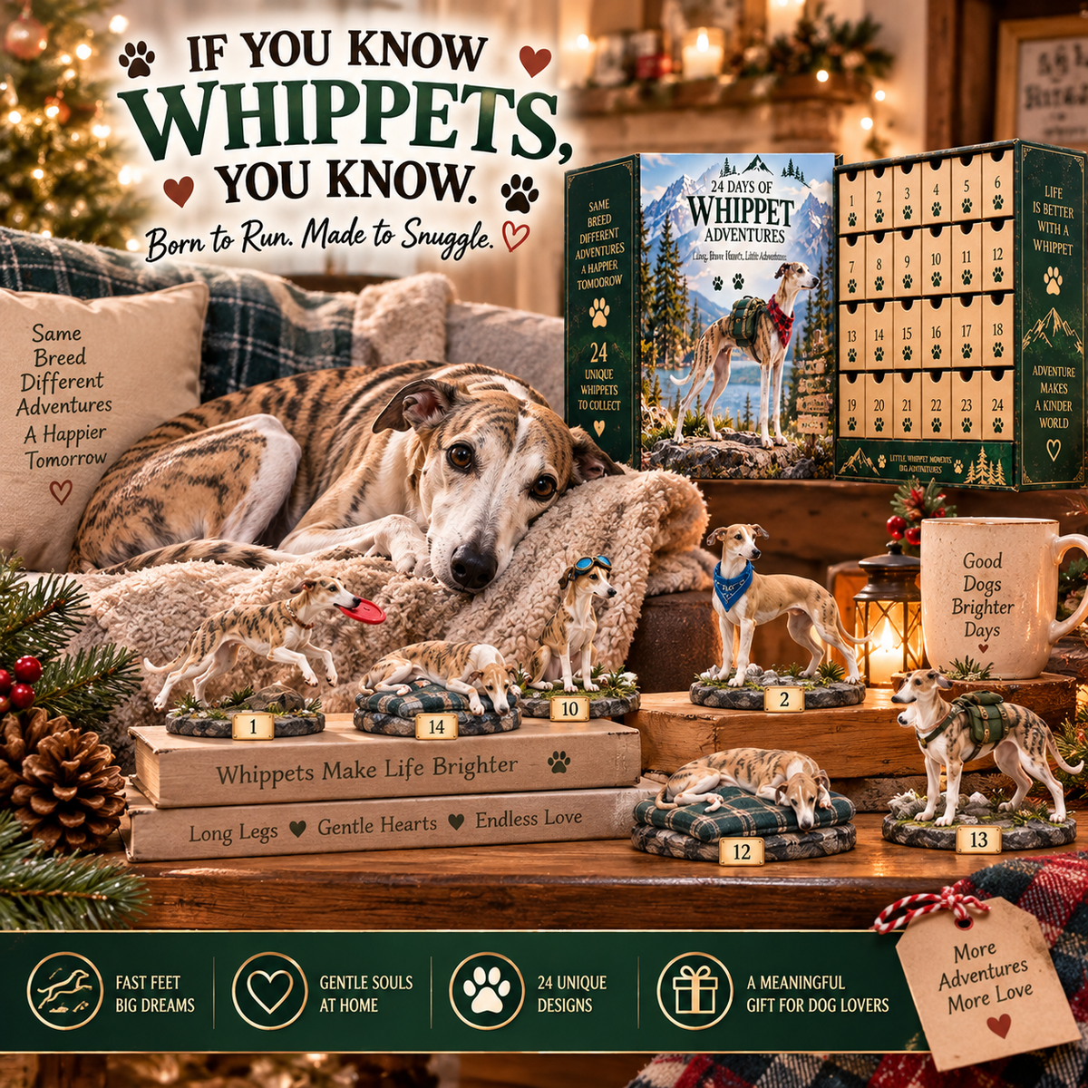 🐾 24 Days of Whippet Adventures –  💛Christmas Advent Calendar | 24 Unique Dog Collectible Figurines