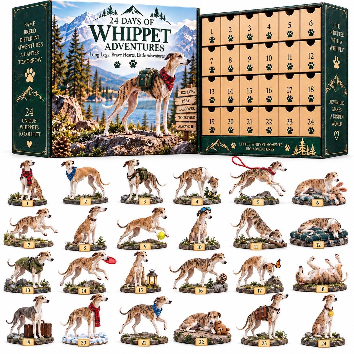 🐾 24 Days of Whippet Adventures –  💛Christmas Advent Calendar | 24 Unique Dog Collectible Figurines
