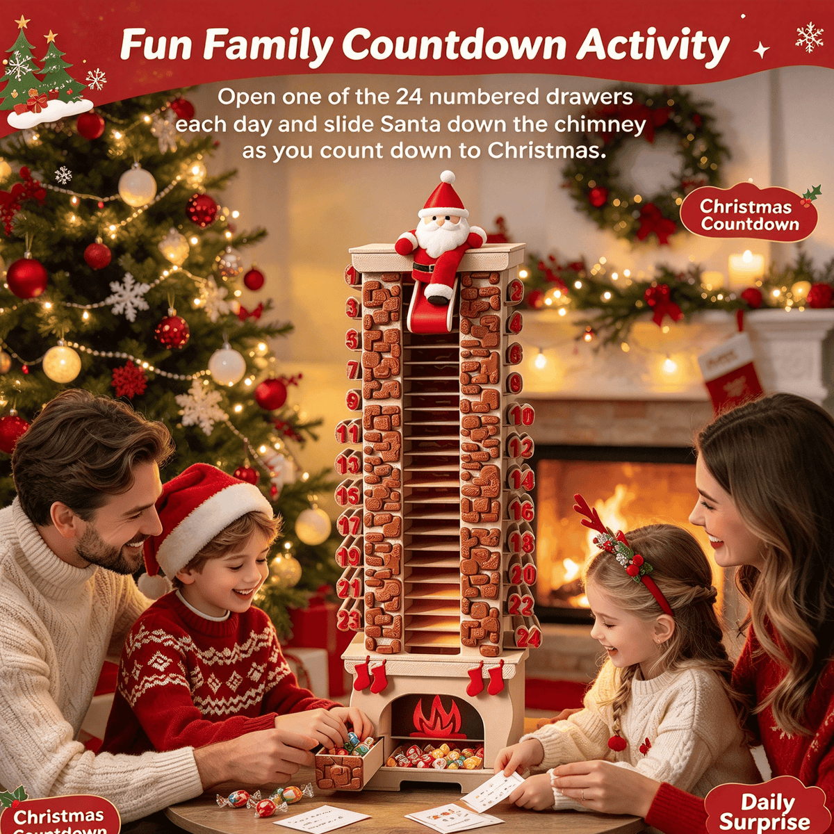 🎁Christmas Advent Calendar 24 Days Countdown, Sliding Santa Chimney Tower Decor for Kids Family Holiday Gift