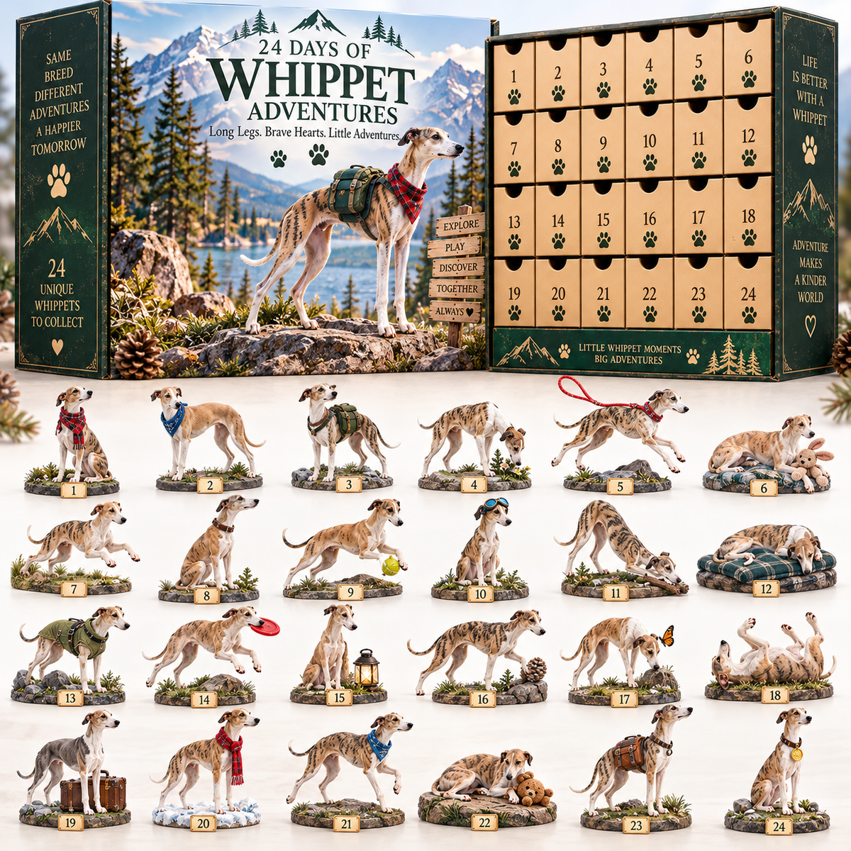 🐾 24 Days of Whippet Adventures –  💛Christmas Advent Calendar | 24 Unique Dog Collectible Figurines