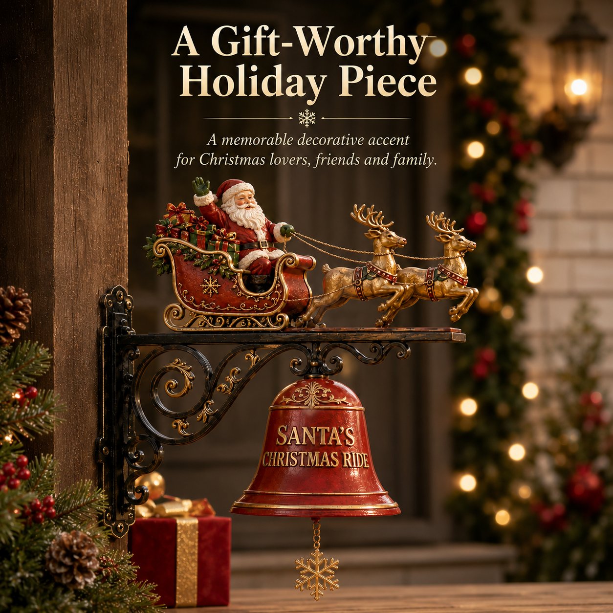 🎅 Santa Sleigh & Reindeer Christmas Bell – Vintage Holiday Door & Porch Decor