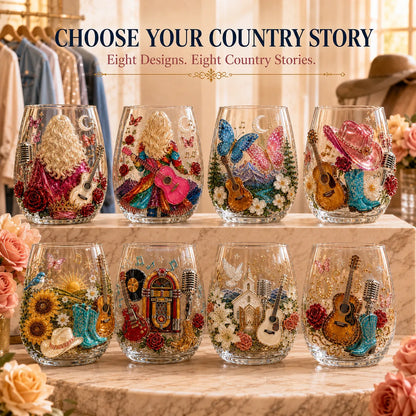 🤠 🎸 Vintage Country 3D Glass Collection – 8 Raised Western Music & Floral Designs