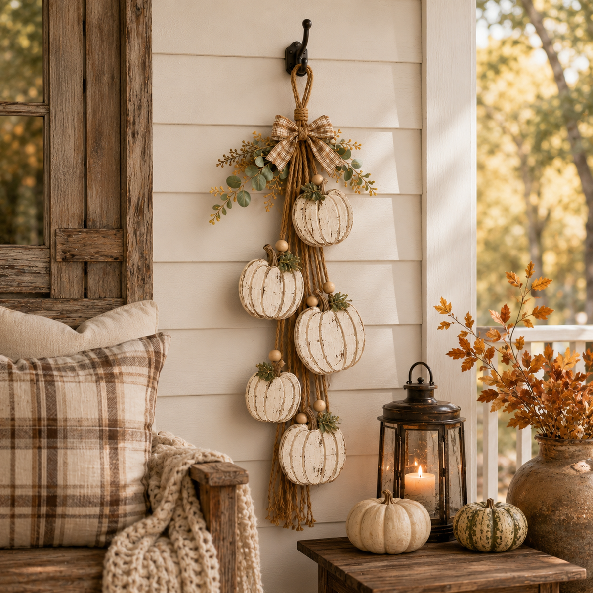 🎃 Rustic White Pumpkin Hanging Swag – 5-Pumpkin Fall Door & Wall Decoration for Farmhouse Autumn Decor