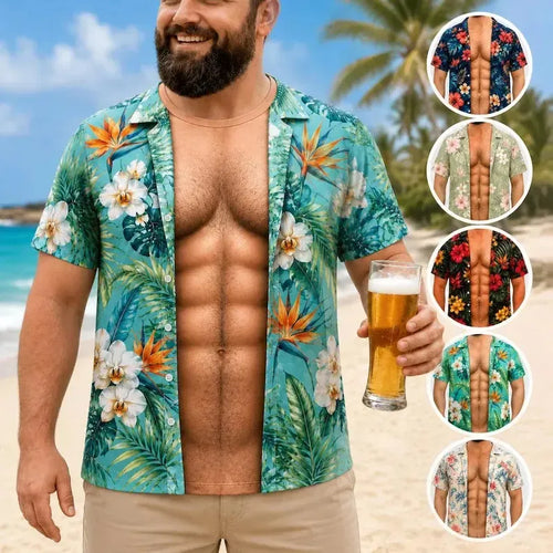 Funny Muscle T Shirt for Men, Hawaiian Shirt Illusion Tee, Personalized 3D Fake Open Shirt💪🔥