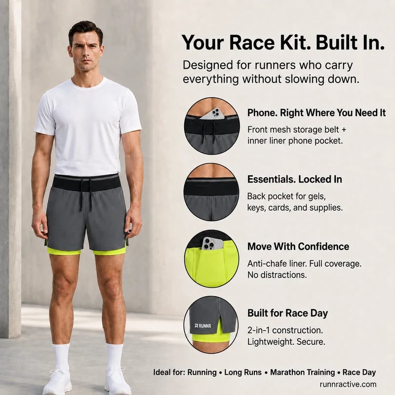 Marathon Pro Shorts — Front Mesh Storage Belt · Right Inner Liner Phone Pocket · Rear Zip Pocket · Anti-Chafe Liner