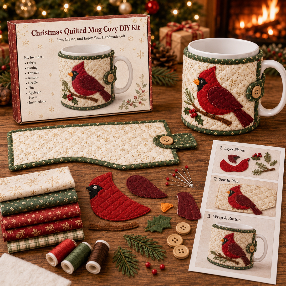 Christmas Mug Cozy Sewing Kit – 6 Festive Appliqué Designs