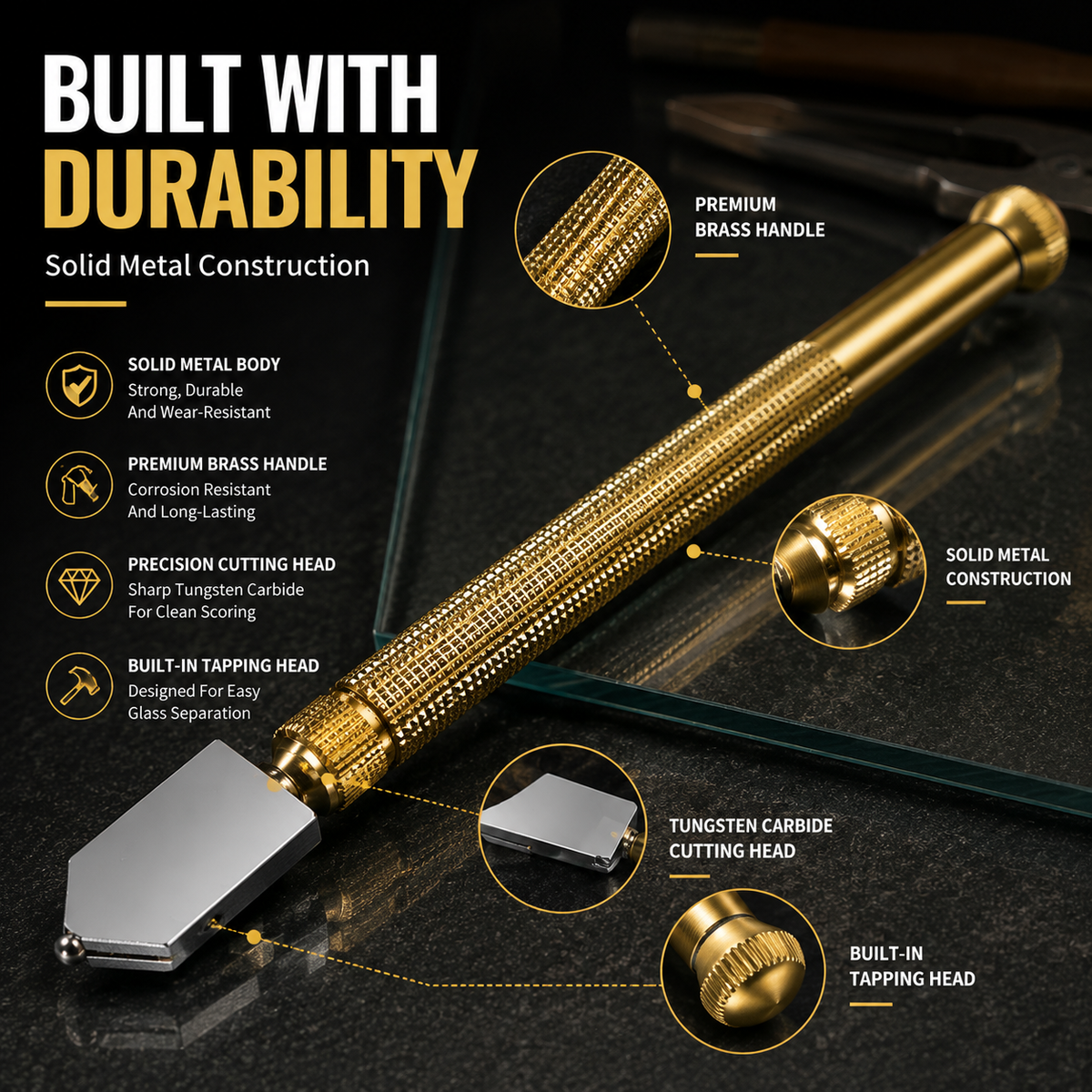 🛠️ Precision Brass Glass Cutter Tool with Tapping Head and Anti Slip Grip ✨